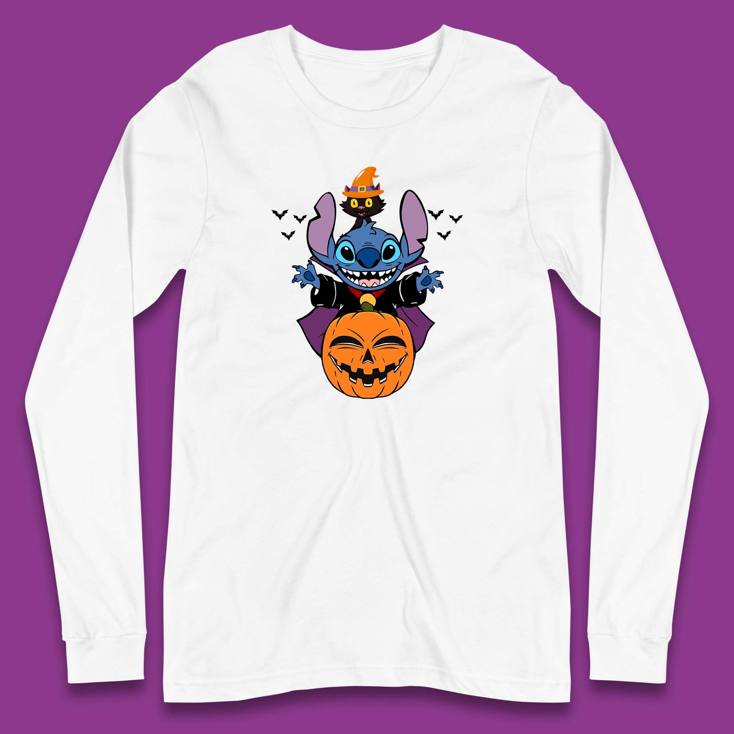 Disney Halloween Pumpkin Devil Stitch With Black Cat Horror Scary Disney Lilo & Stitch Long Sleeve T Shirt