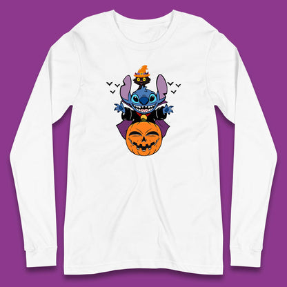 Disney Halloween Pumpkin Devil Stitch With Black Cat Horror Scary Disney Lilo & Stitch Long Sleeve T Shirt