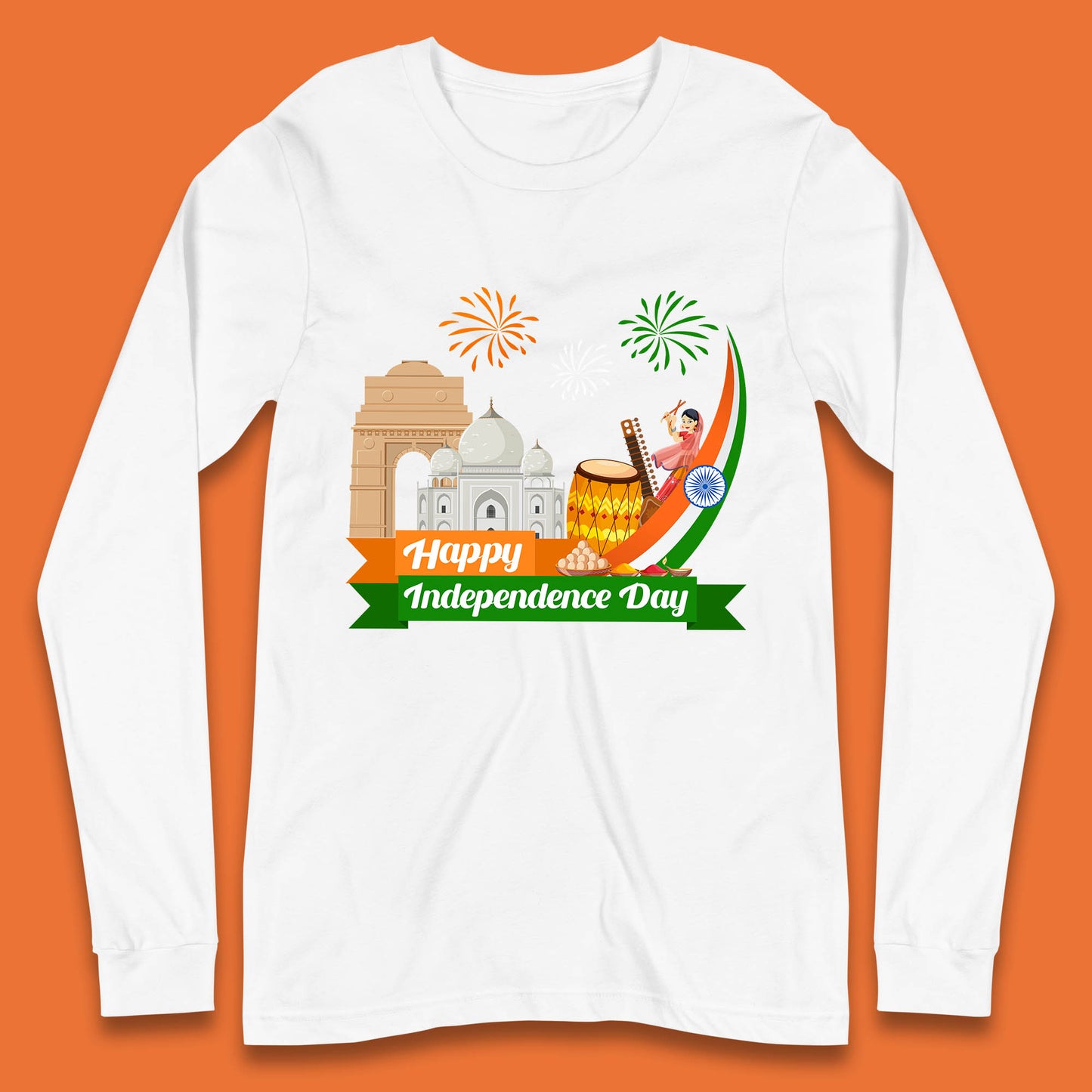 Happy India Independence Day 15th August Patriotic Indian Flag India Architectural Landmarks Long Sleeve T Shirt