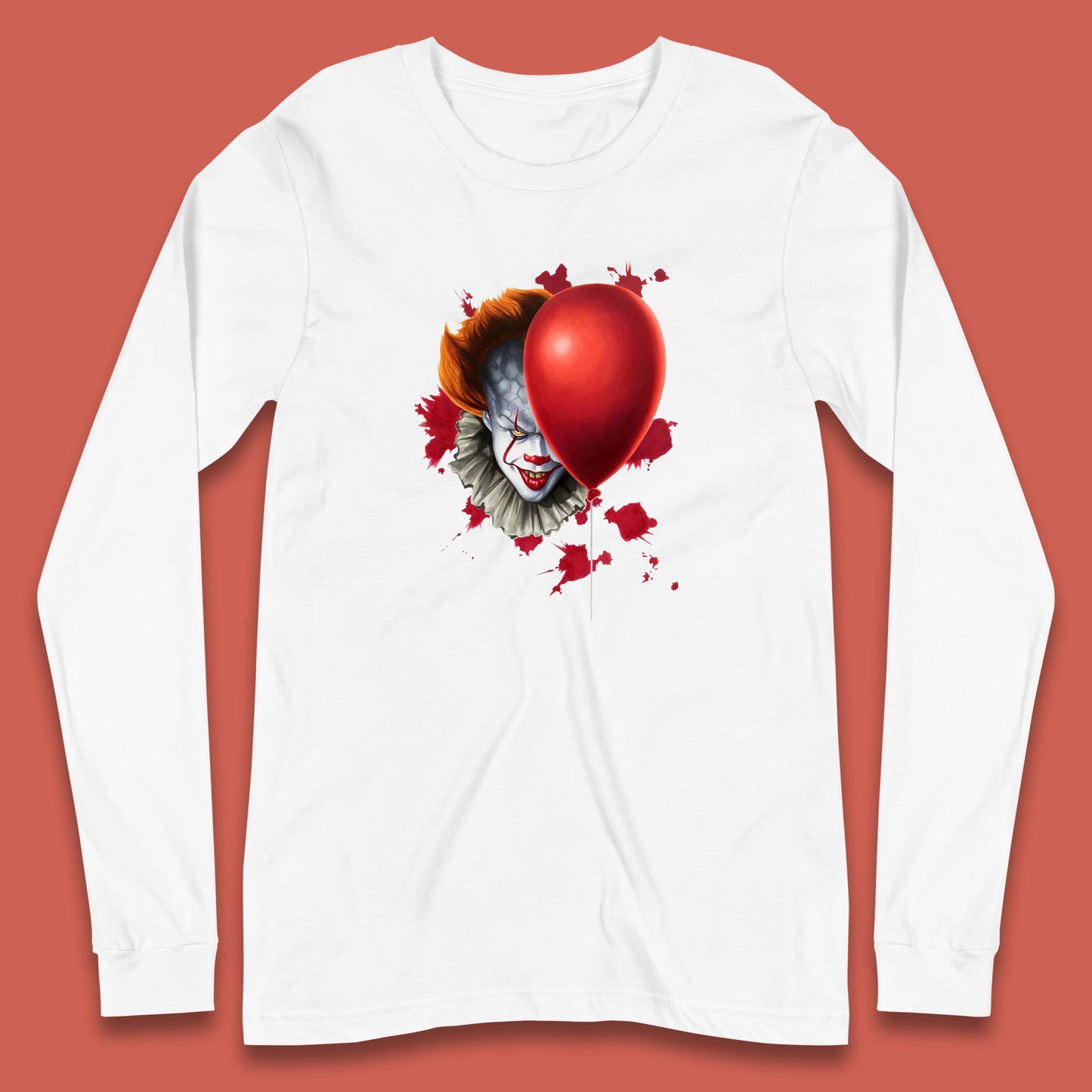 IT Pennywise Clown With Balloon Halloween Evil Clown Costume Horror Movie Serial Killer Long Sleeve T Shirt