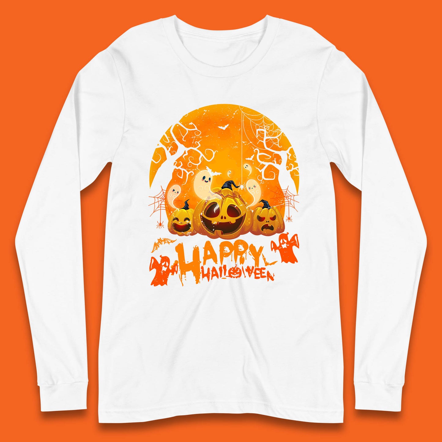 Happy Halloween Jack O Lantern Pumpkins Scary Boo Ghost Haunted Trees Long Sleeve T Shirt