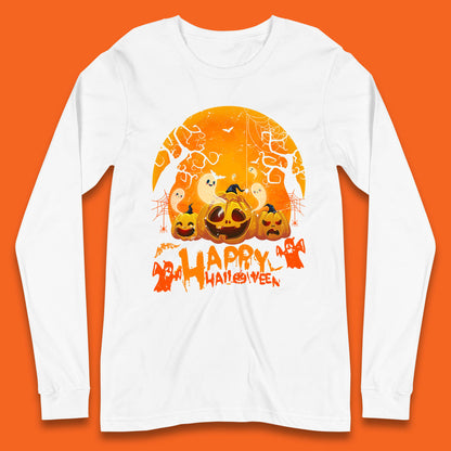 Happy Halloween Jack O Lantern Pumpkins Scary Boo Ghost Haunted Trees Long Sleeve T Shirt