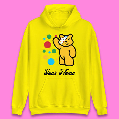 Personalised Spotty Pudsey Bear Hand Waving Dotty Spot Your Name Fundraising Spotty Bear Spotty Day Unisex Hoodie