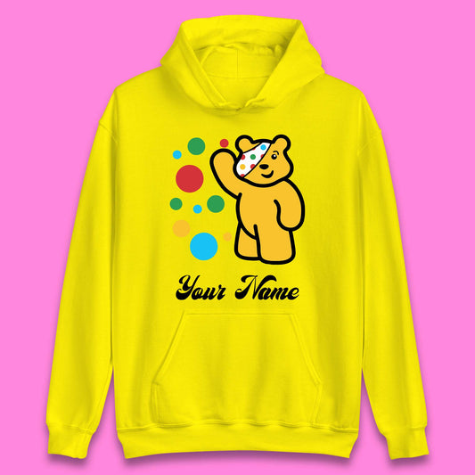 Personalised Spotty Pudsey Bear Hand Waving Dotty Spot Your Name Fundraising Spotty Bear Spotty Day Unisex Hoodie