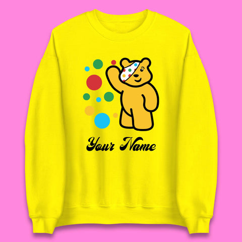 Personalised Spotty Pudsey Bear Hand Waving Dotty Spot Your Name Fundraising Spotty Bear Spotty Day Unisex Sweatshirt