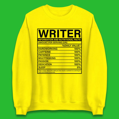 Writer Nutritional Facts Unisex Sweatshirt