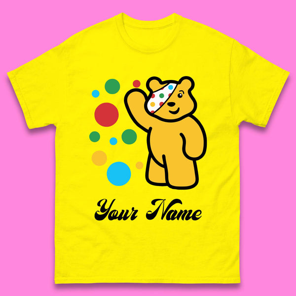 Personalised Spotty Pudsey Bear Hand Waving Dotty Spot Your Name Fundraising Spotty Bear Spotty Day Mens Tee Top