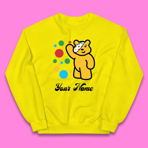Personalised Spotty Pudsey Bear Hand Waving Dotty Spot Your Name Fundraising Spotty Bear Spotty Day Kids Jumper