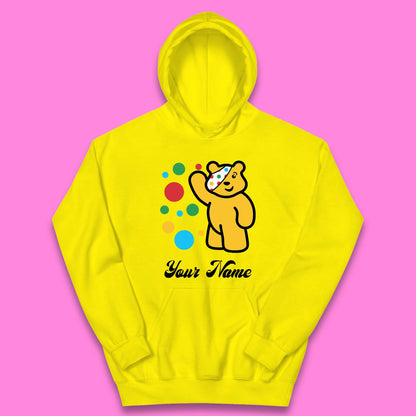 Personalised Spotty Pudsey Bear Hand Waving Dotty Spot Your Name Fundraising Spotty Bear Spotty Day Kids Hoodie
