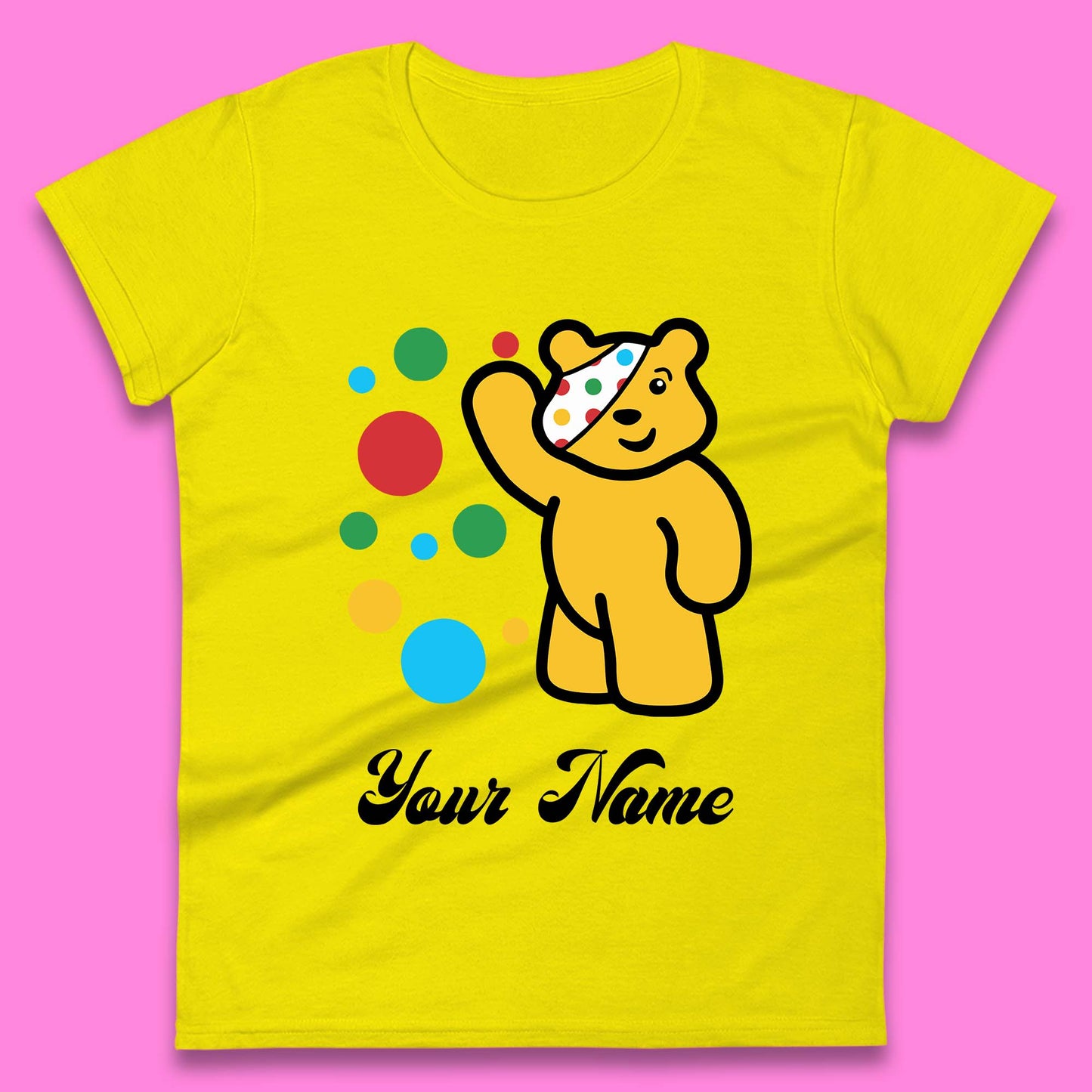 Personalised Spotty Pudsey Bear Hand Waving Dotty Spot Your Name Fundraising Spotty Bear Spotty Day Womens Tee Top