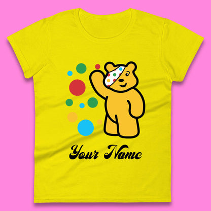 Personalised Spotty Pudsey Bear Hand Waving Dotty Spot Your Name Fundraising Spotty Bear Spotty Day Womens Tee Top