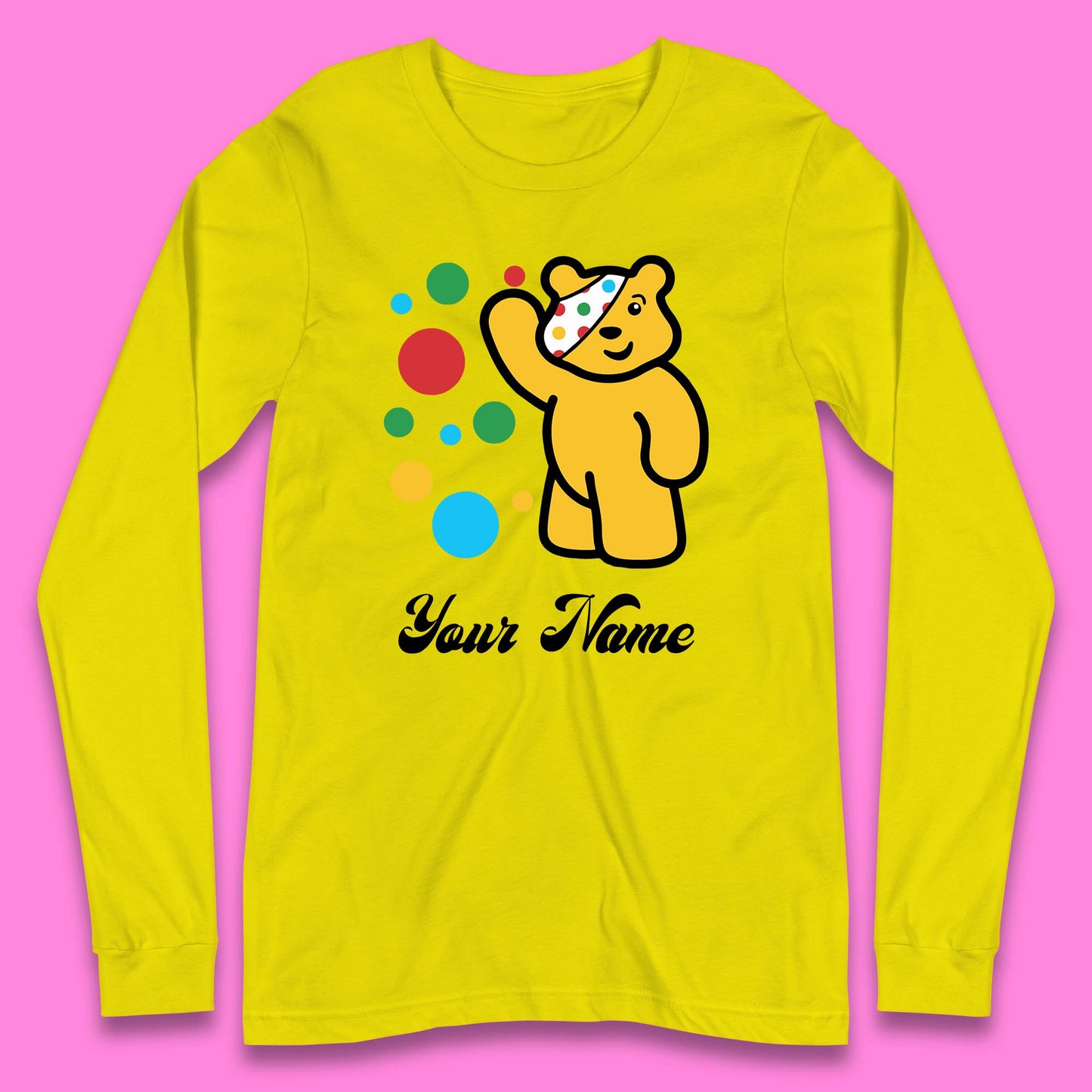 Personalised Spotty Pudsey Bear Hand Waving Dotty Spot Your Name Fundraising Spotty Bear Spotty Day Long Sleeve T Shirt