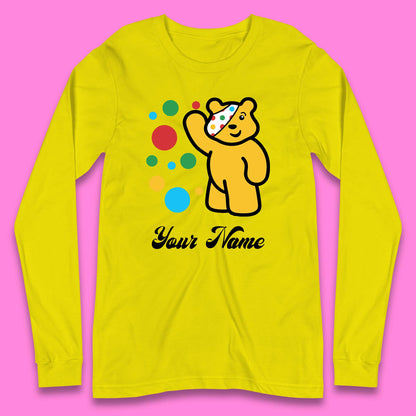 Personalised Spotty Pudsey Bear Hand Waving Dotty Spot Your Name Fundraising Spotty Bear Spotty Day Long Sleeve T Shirt