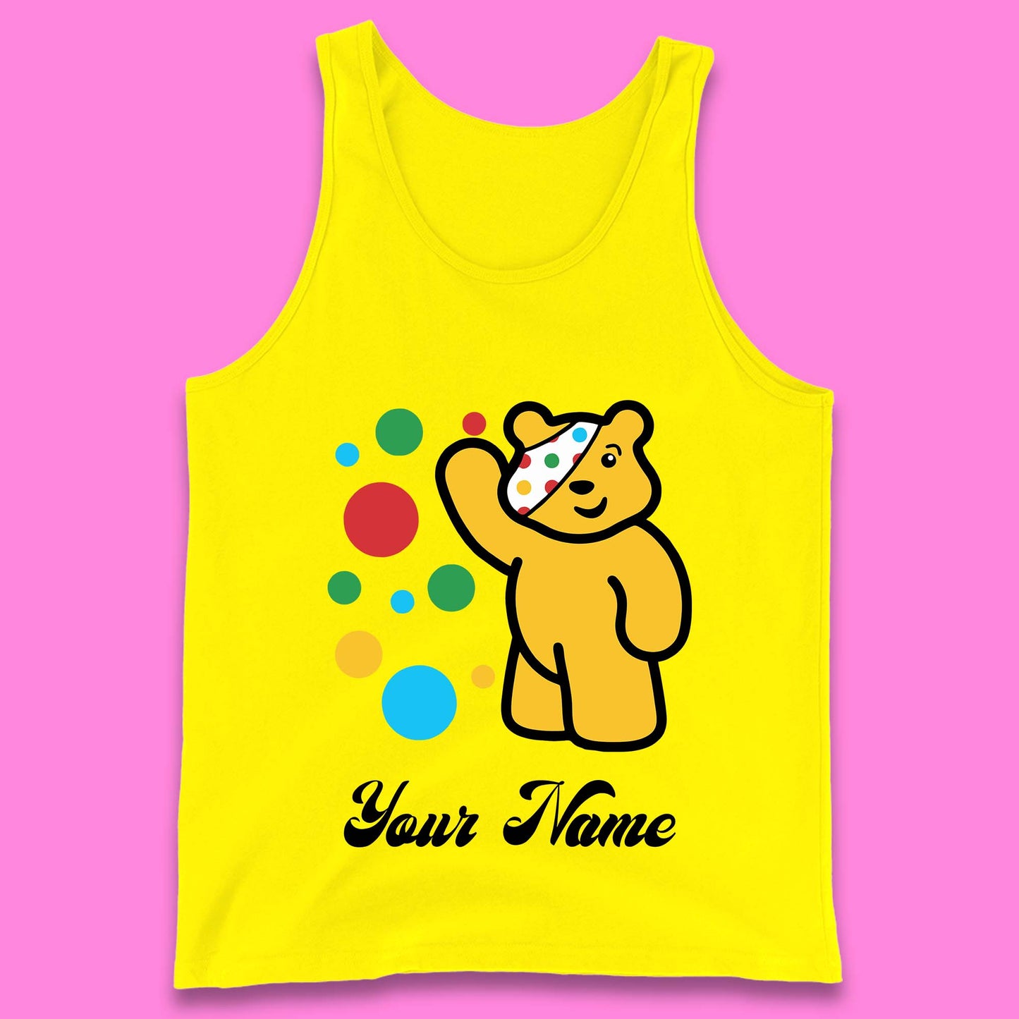 Personalised Spotty Pudsey Bear Hand Waving Dotty Spot Your Name Fundraising Spotty Bear Spotty Day Tank Top