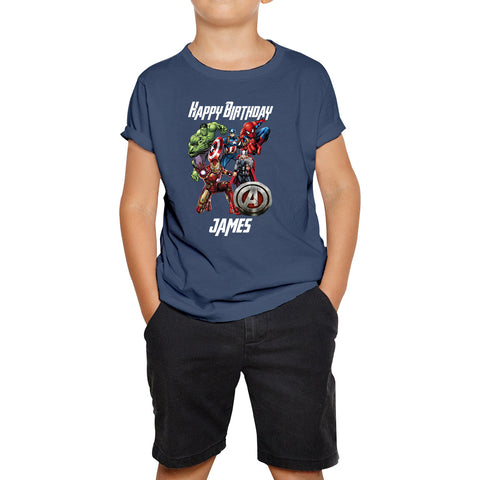 Personalised Happy Birthday Your Name Marvel Avengers Super Heroes Movie Characters Birthday Party Kids T Shirt