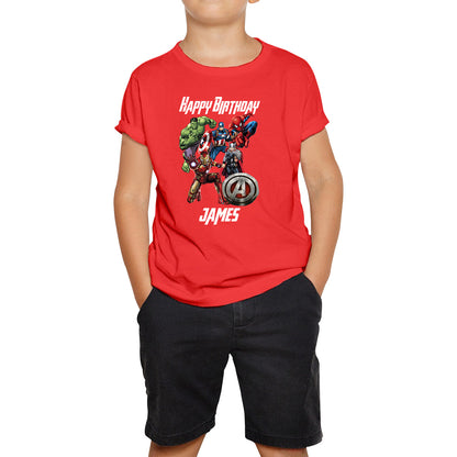Personalised Happy Birthday Your Name Marvel Avengers Super Heroes Movie Characters Birthday Party Kids T Shirt