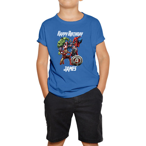 Personalised Happy Birthday Your Name Marvel Avengers Super Heroes Movie Characters Birthday Party Kids T Shirt