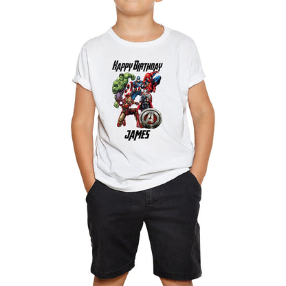 Personalised Happy Birthday Your Name Marvel Avengers Super Heroes Movie Characters Birthday Party Kids T Shirt