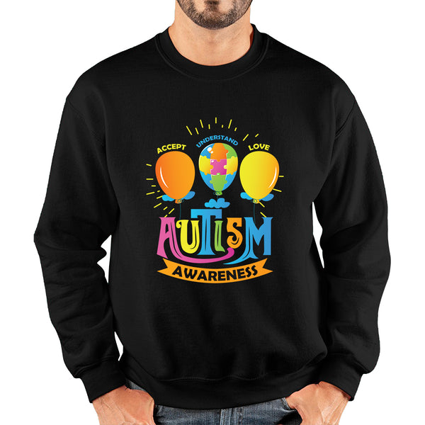 Accept Understand Love Autism Awareness Balloon With Puzzles Jigsaw Autism Support Unisex Sweatshirt