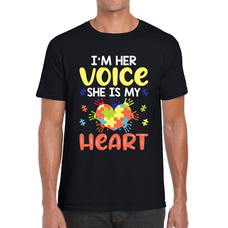 I'm Her Voice She Is My Heart Autism Awareness Month Autism Mama Puzzle Pieces Acceptance Day Mens Tee Top