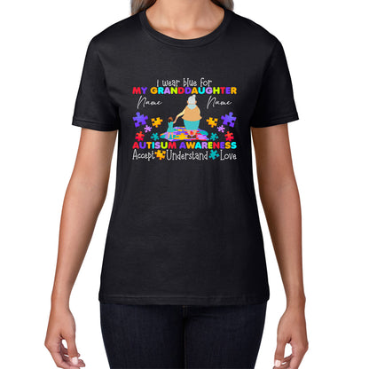 Personalised I Wear Blue For My Grandson Autism Awareness Grand Mother & Grand Son Name Autism Warrior Puzzle Pieces Accept Understand Love Womens Tee Top