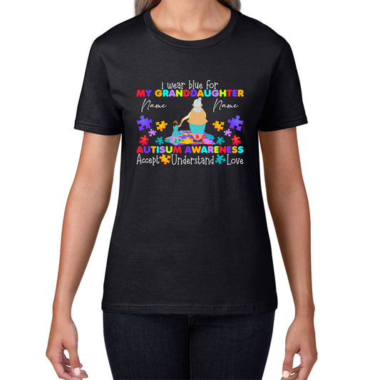 Personalised I Wear Blue For My Grandson Autism Awareness Grand Mother & Grand Son Name Autism Warrior Puzzle Pieces Accept Understand Love Womens Tee Top