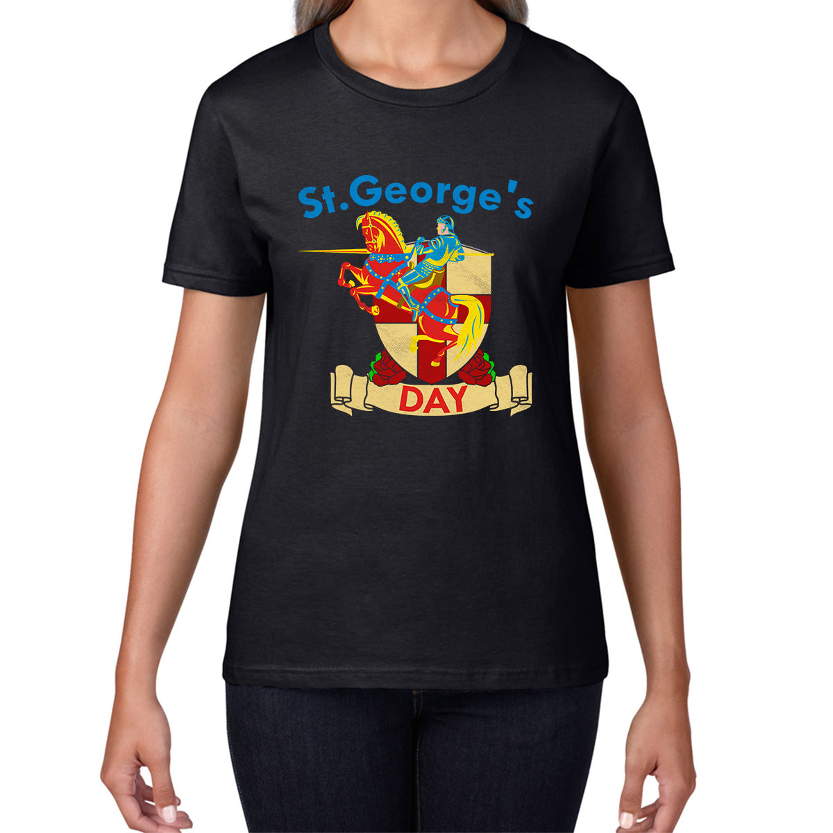 St George's Day England Red Flag Shield Knight Templar Riding His Rearing Horse London Saint George Day Warrior Fighter Patriotic Womens Tee Top