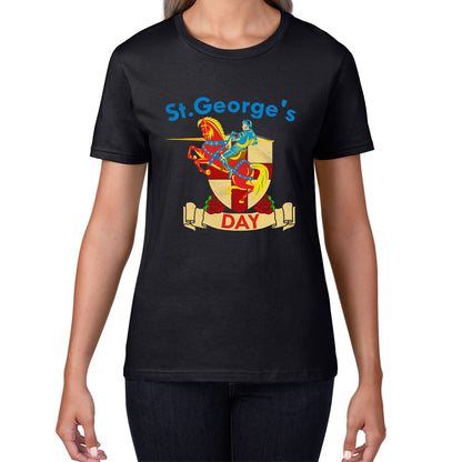 St George's Day England Red Flag Shield Knight Templar Riding His Rearing Horse London Saint George Day Warrior Fighter Patriotic Womens Tee Top