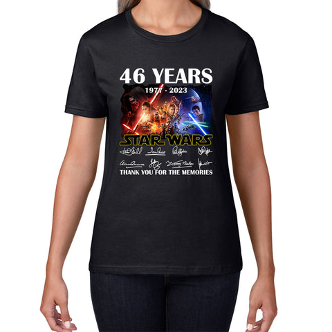 Disney Star Wars Day 46th Anniversary 1977-2023 The Force Awakens Characters Signatures Thank You For The Memories Womens Tee Top