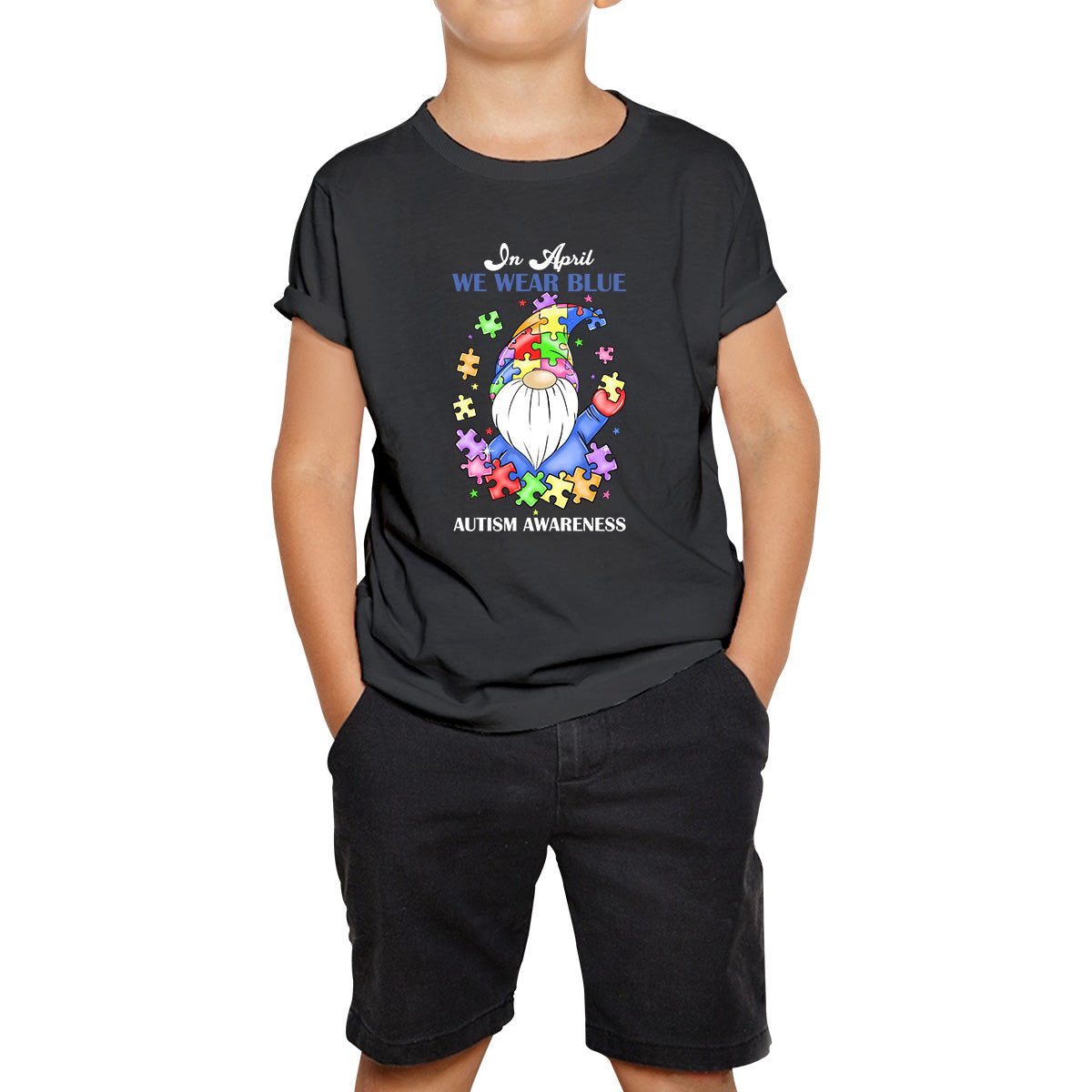 In April We Wear Blue Autism Gnome Autism Awareness Gnomes Autism Month Autism Support Kids T Shirt
