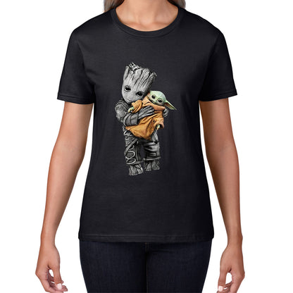 Baby Groot Holding Baby Yoda Avengers Hero Star Avenger Jedi Wars Star Wars Day 46th Anniversary Womens Tee Top