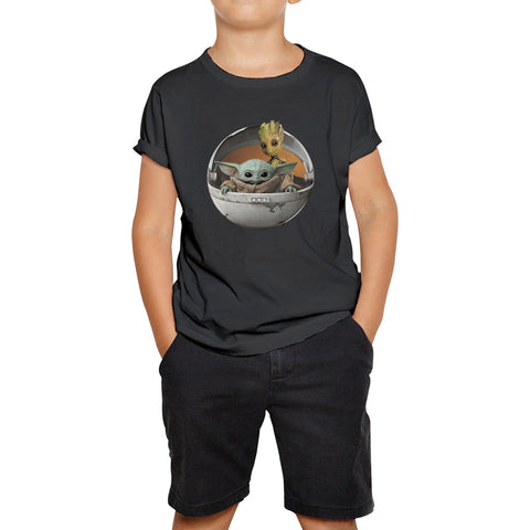 Grogu Baby Yoda And Baby Groot The Mandalorian Disney Star Wars Child In Hover Pod Pram Disney Star Wars Day 46th Anniversary Kids T Shirt