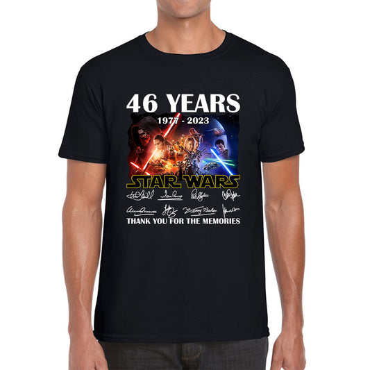 Disney Star Wars Day 46th Anniversary 1977-2023 The Force Awakens Characters Signatures Thank You For The Memories Mens Tee Top