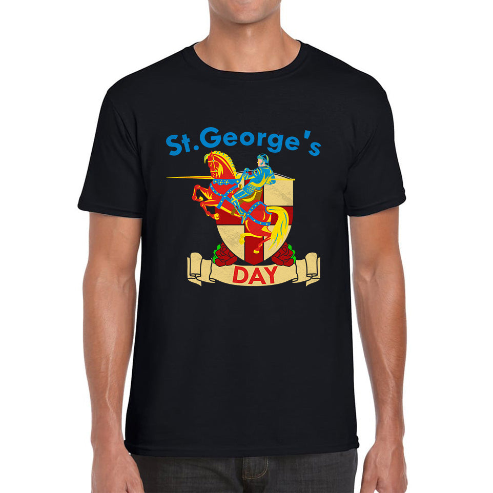 St George's Day England Red Flag Shield Knight Templar Riding His Rearing Horse London Saint George Day Warrior Fighter Patriotic Mens Tee Top