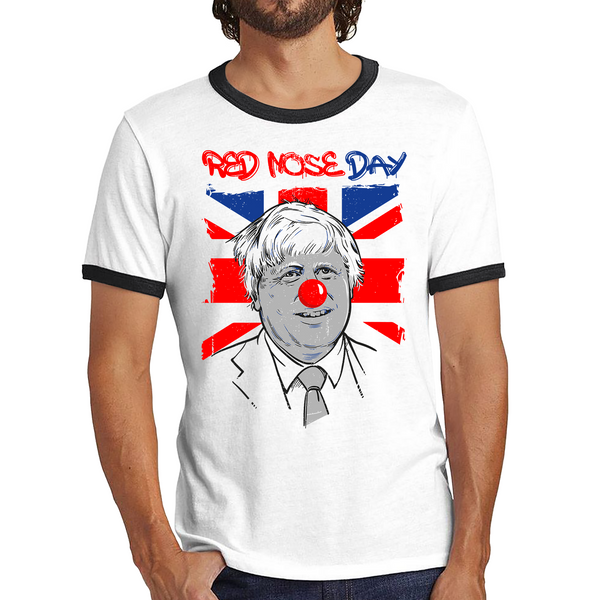 Red Nose Day PM Boris Johnson Ringer T Shirt. 50% Goes To Charity