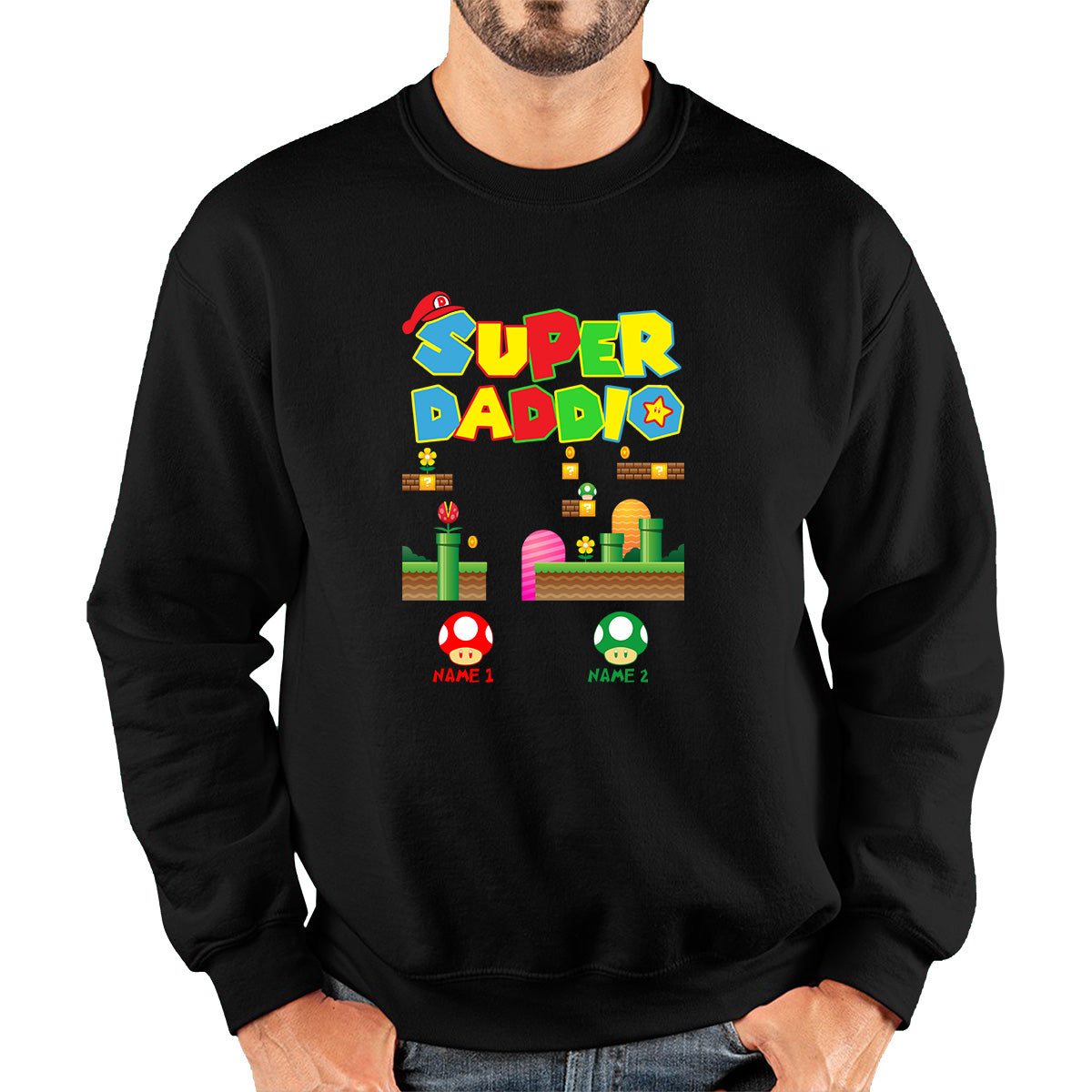 Personalised Super Daddio Your Name Super Mushroom Mario And Mushroom Luigi Gamer Dad Mario Bros Super Dad Father's Day Game Series Unisex Sweatshirt
