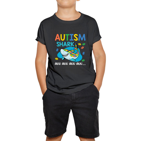 Autism Shark Auu Auu Auu Autism Awareness Month Autistic Support Puzzle Piece Kids T Shirt