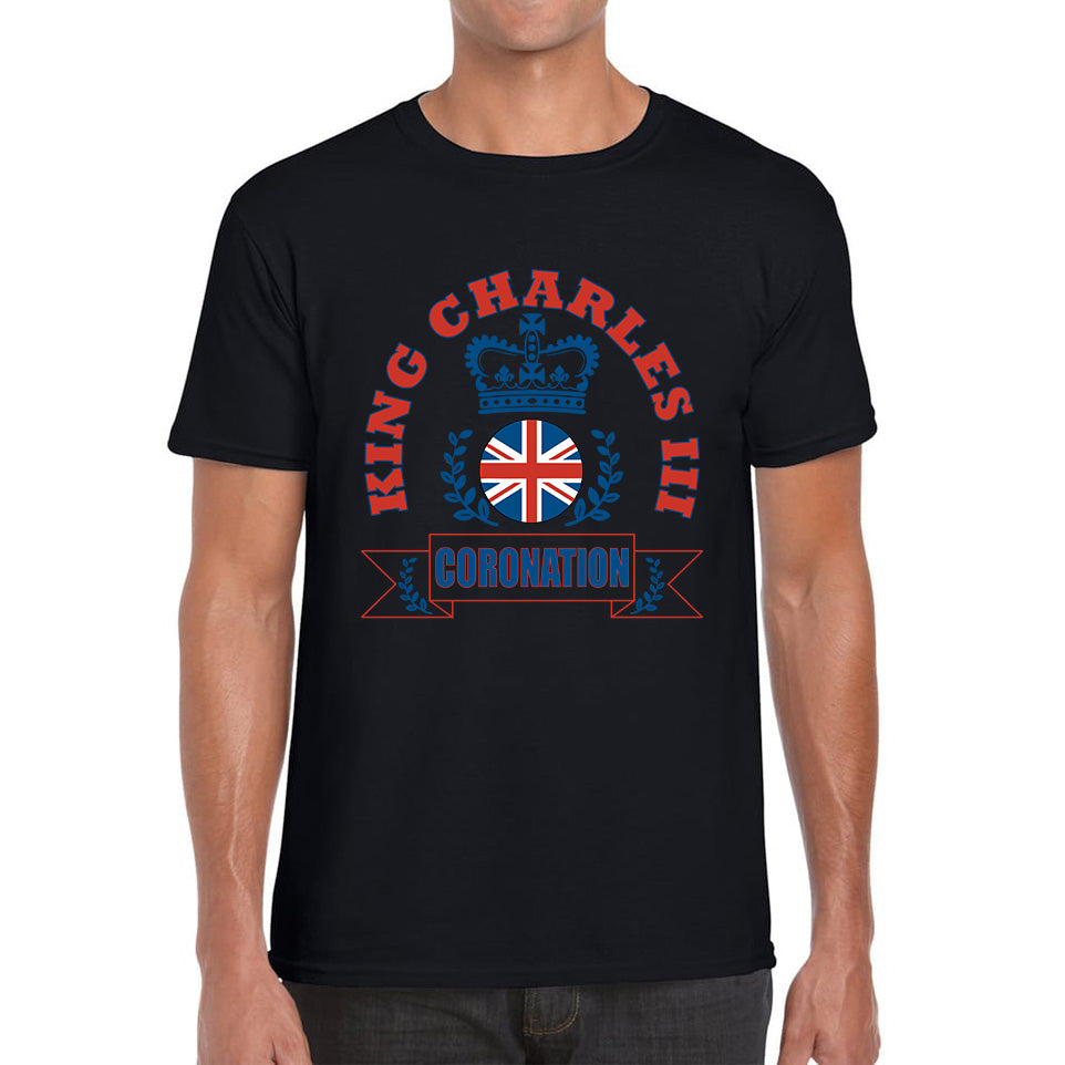 King Charles III 2023 Coronation God Save The King Royal Crown CR III His Majesty Union Jack Uk Flag Mens Tee Top