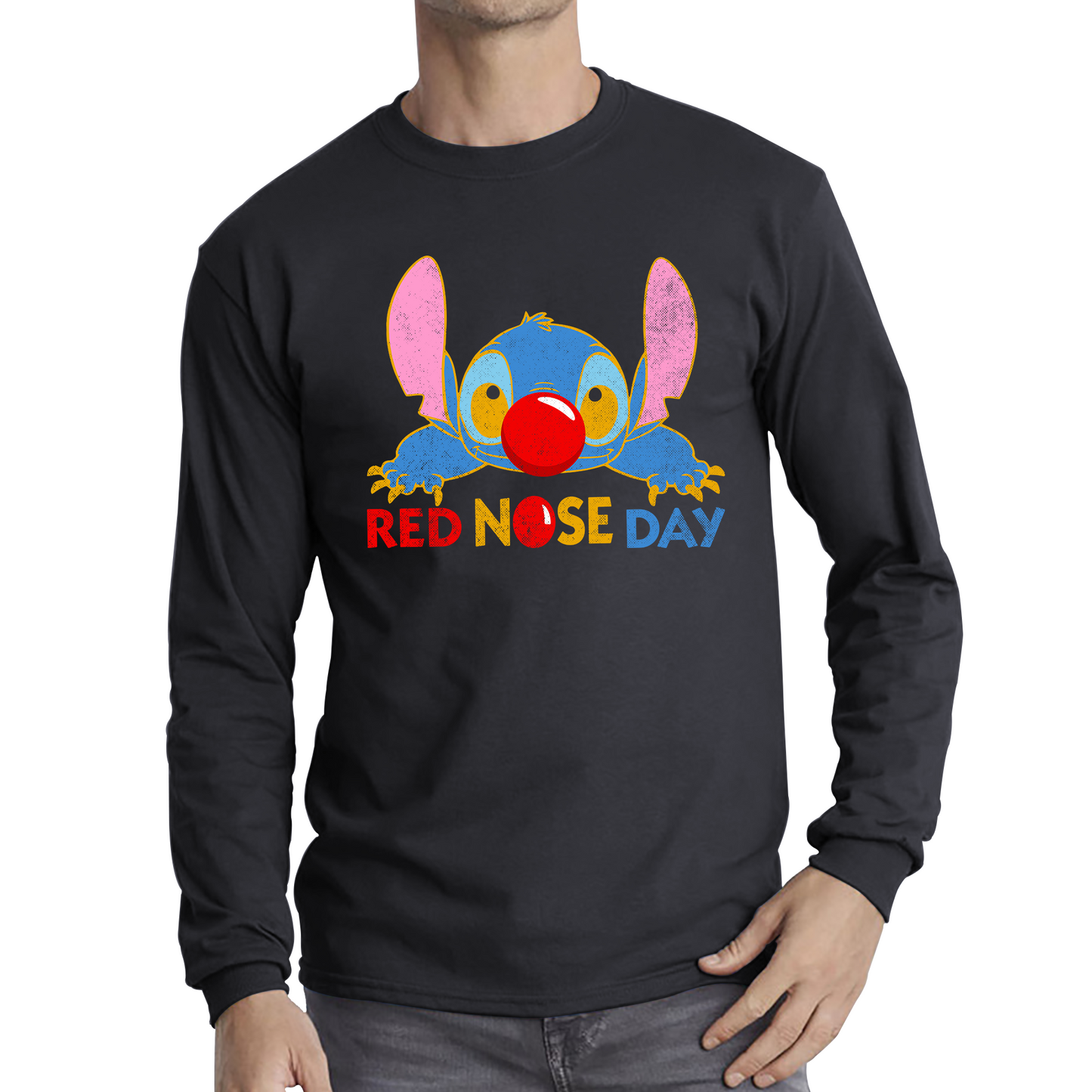 Disney Stitch Red Nose Day Lonsleeve Top Ohana Red Nose Day Funny Long Sleeve T Shirt. 50% Goes To Charity
