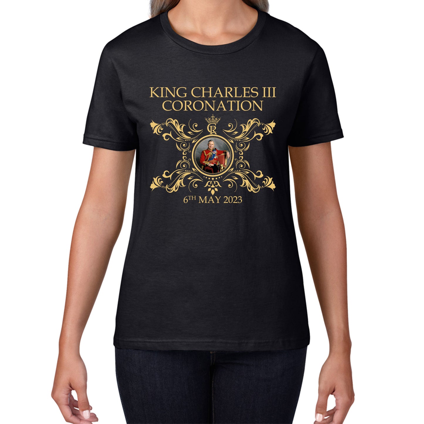 King Charles III Coronation 6th May 2023 Royal Cypher CR III Union Jack Ruling Monarch Of England Womens Tee Top