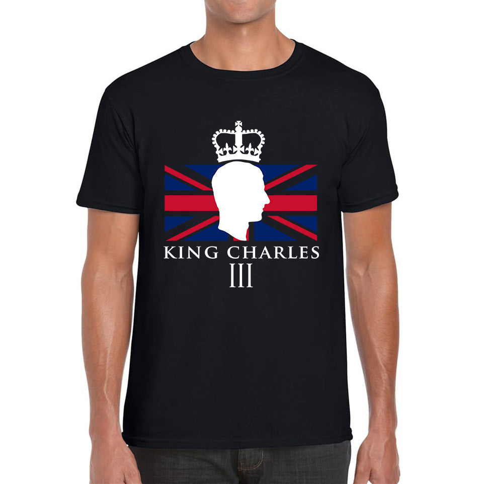 King Charles III Coronation British Flag CR III Royal Crown His Majesty Union Jack Great Britain Mens Tee Top
