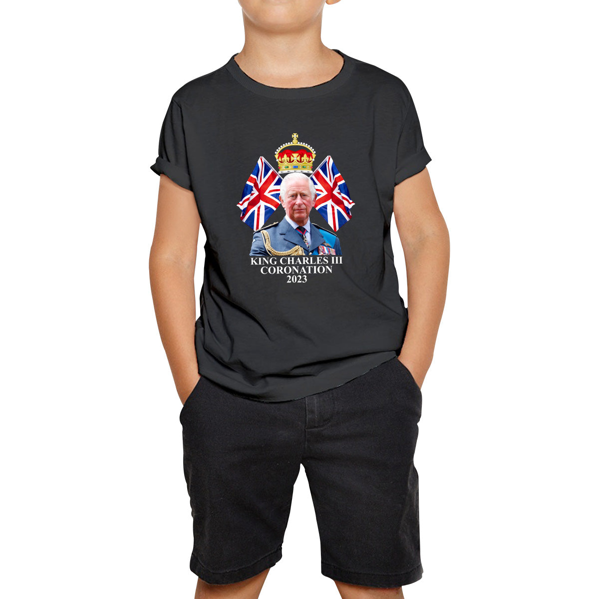 King Charles III Coronation 2023 British United Kingdom Uk Flags CR III Royal Crown Ruling Monarch Of England Kids T Shirt