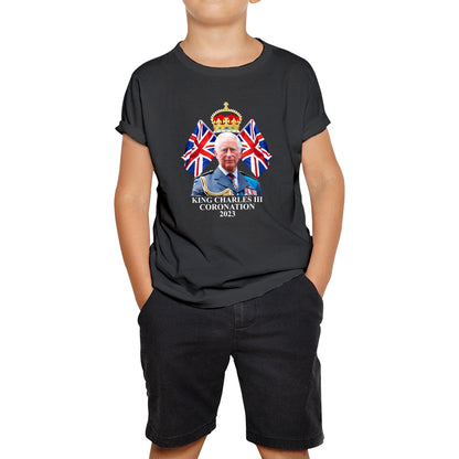 King Charles III Coronation 2023 British United Kingdom Uk Flags CR III Royal Crown Ruling Monarch Of England Kids T Shirt