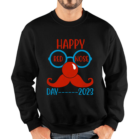 Happy Red Nose Day 2023 Glasses Moustache Child Poverty Awareness Party Wear Unisex Sweatshirt