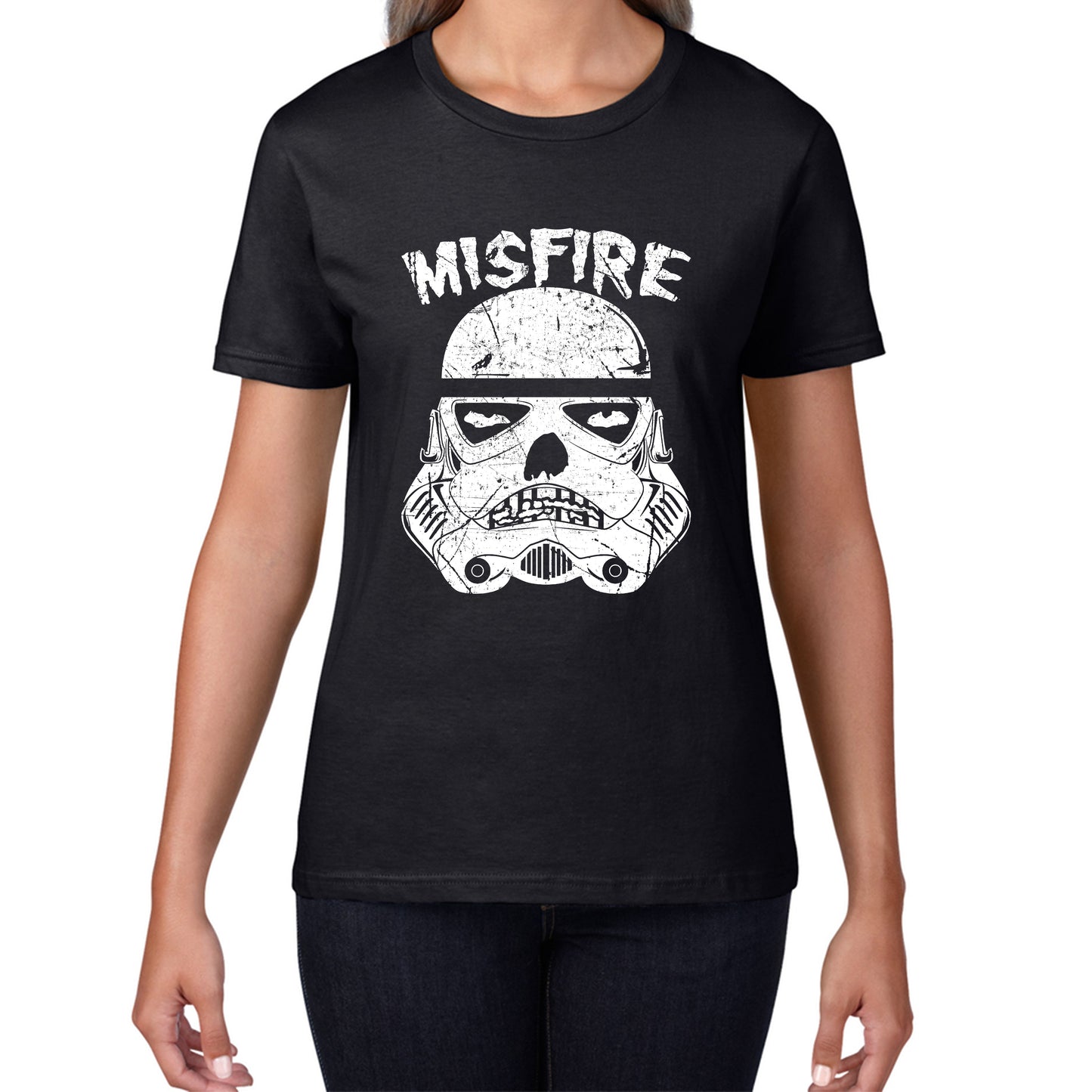 Misfire The Dark Side Made Me Do It Spoof Trooper Armor Helmet Movie Series Womens Tee Top