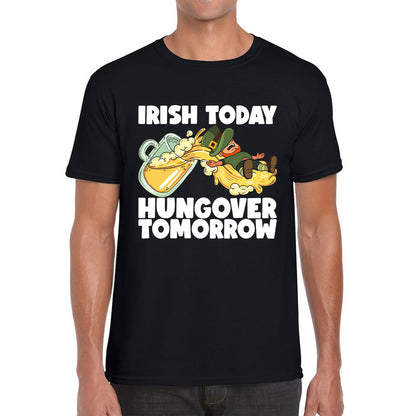Irish Today Hungover Tomorrow Leprechaun Sliding Down On Beer Into Glass St. Patrick's Day Irish Drinking Mens Tee Top