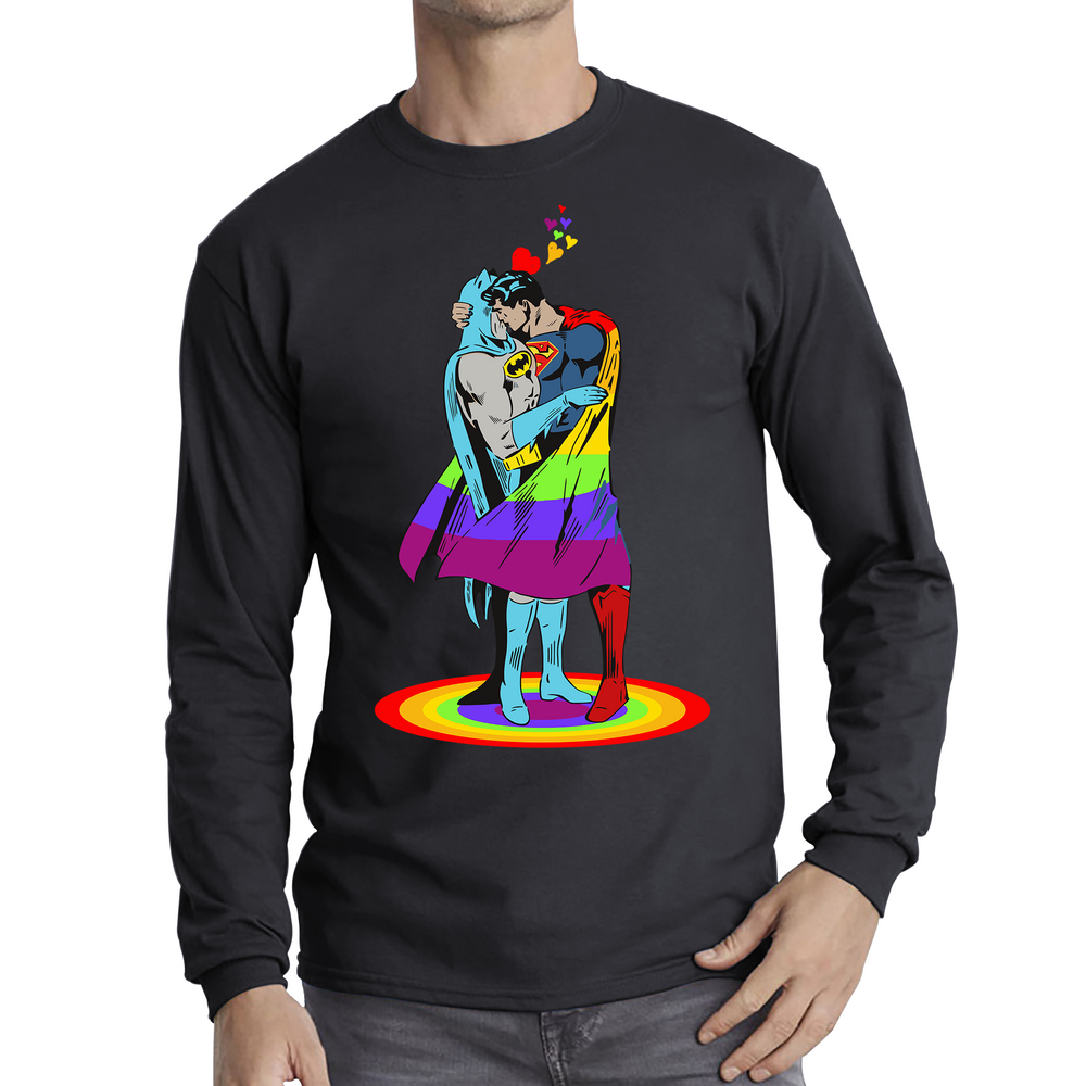 Batman x Superman Kiss Gay Pride LGBT Justice League Valentine Adult Long Sleeve T Shirt