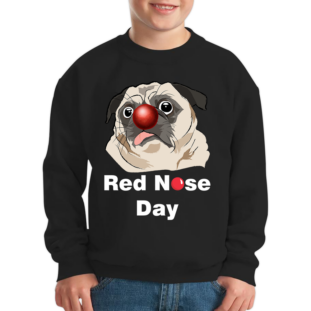 Pug Dog Red Nose Day Kids Sweatshirt. 50% Goes To Charity