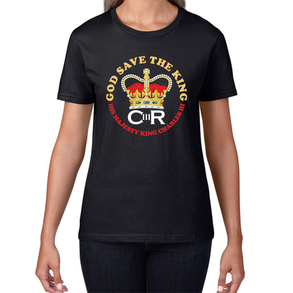 God Save The King CR III King Charles III Coronation 2023 His Majesty British Royal Crown Union Jack Womens Tee Top