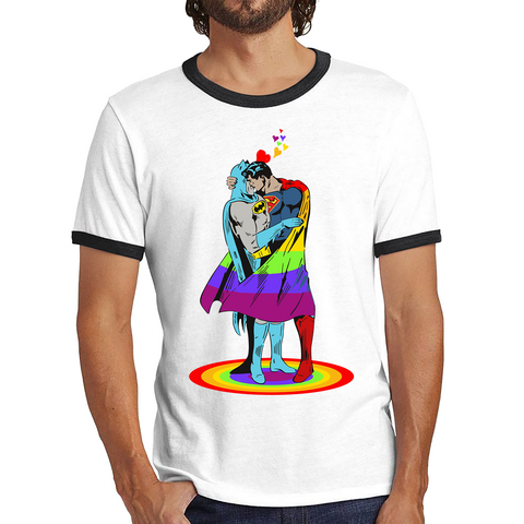 Batman x Superman Kiss Gay Pride LGBT Justice League Valentine Ringer T Shirt